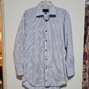 David Donahue White and Blue Plaid Dress Shirt Sz 16.5 Trim